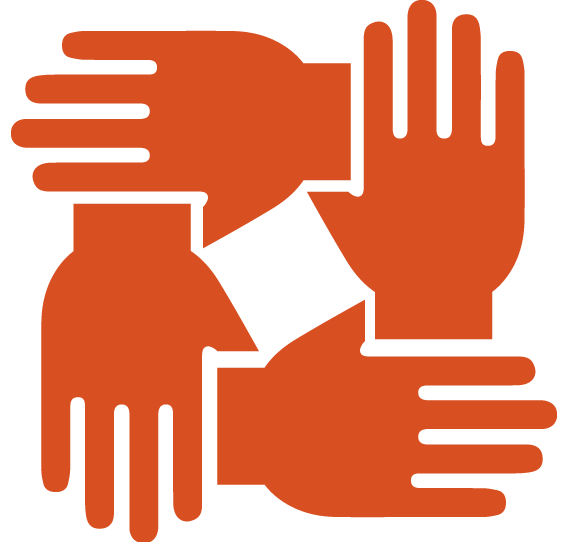 Oranges Symbol von vier Händen, die sich gegenseitig in Form eines Quadrats festhalten